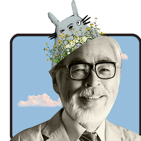 Hayao met Totoro uit zijn hoofd die knipoogt tussen bloemetjes